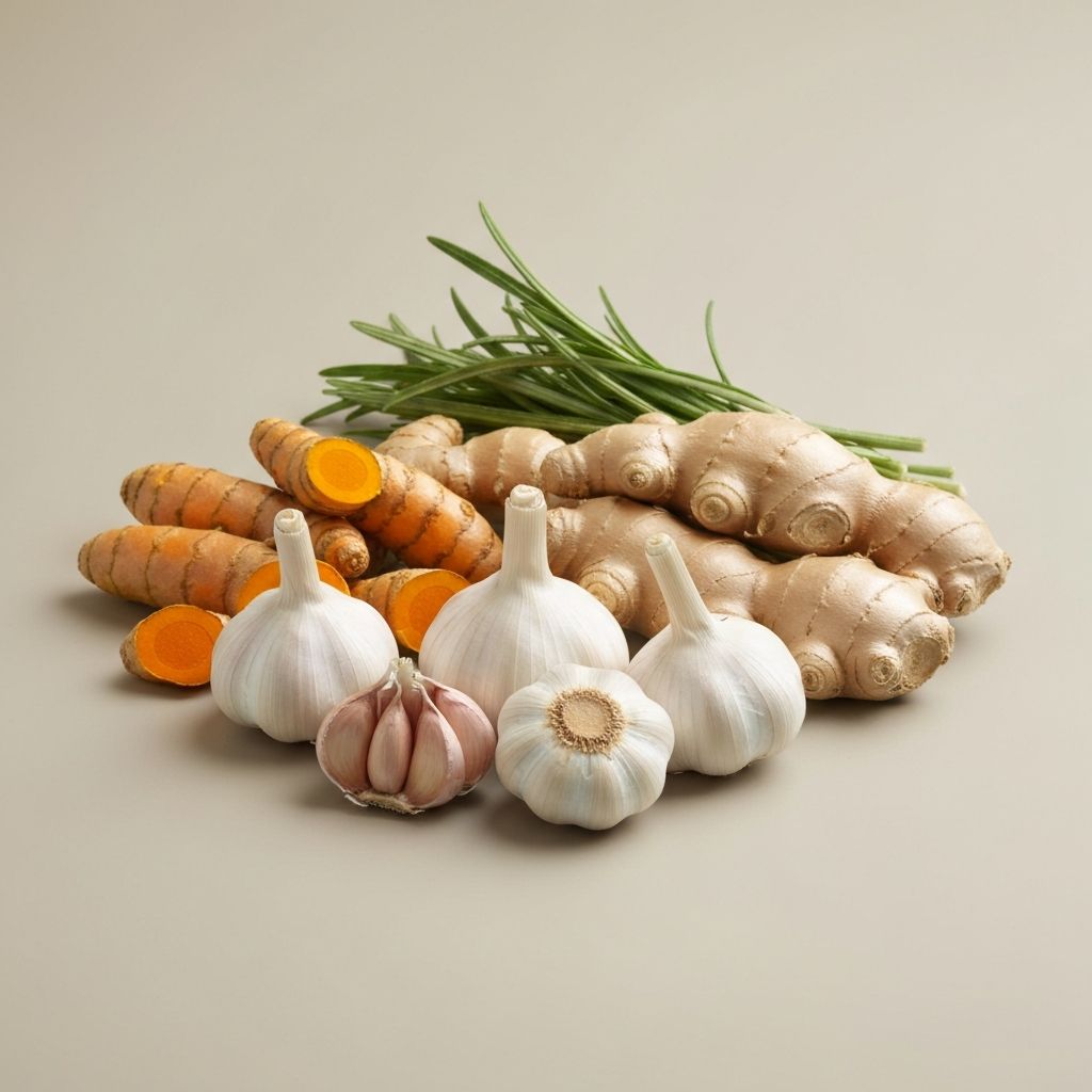 Powerful immunity-boosting herbs including turmeric, ginger, and garlic arranged naturally