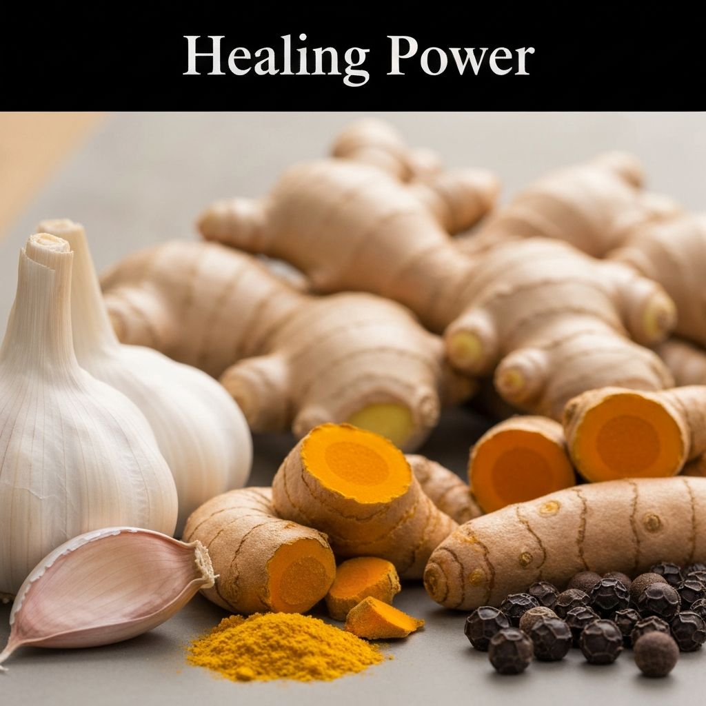 Common kitchen ingredients with healing properties including garlic, ginger, turmeric, and herbs