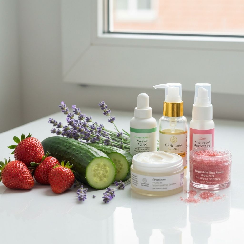 Natural skincare ingredients including fruits, herbs, and organic beauty products for glowing skin