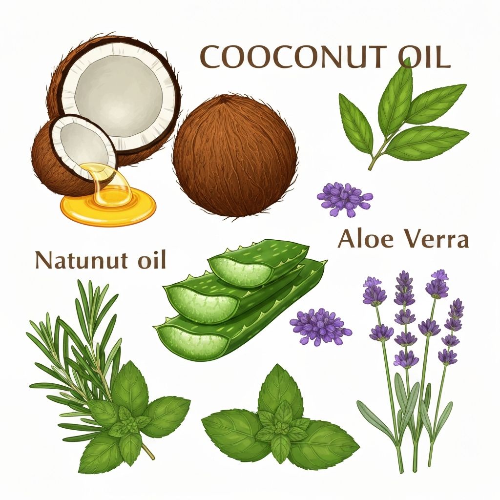 Natural dandruff treatment ingredients including coconut oil, aloe vera, and essential oils