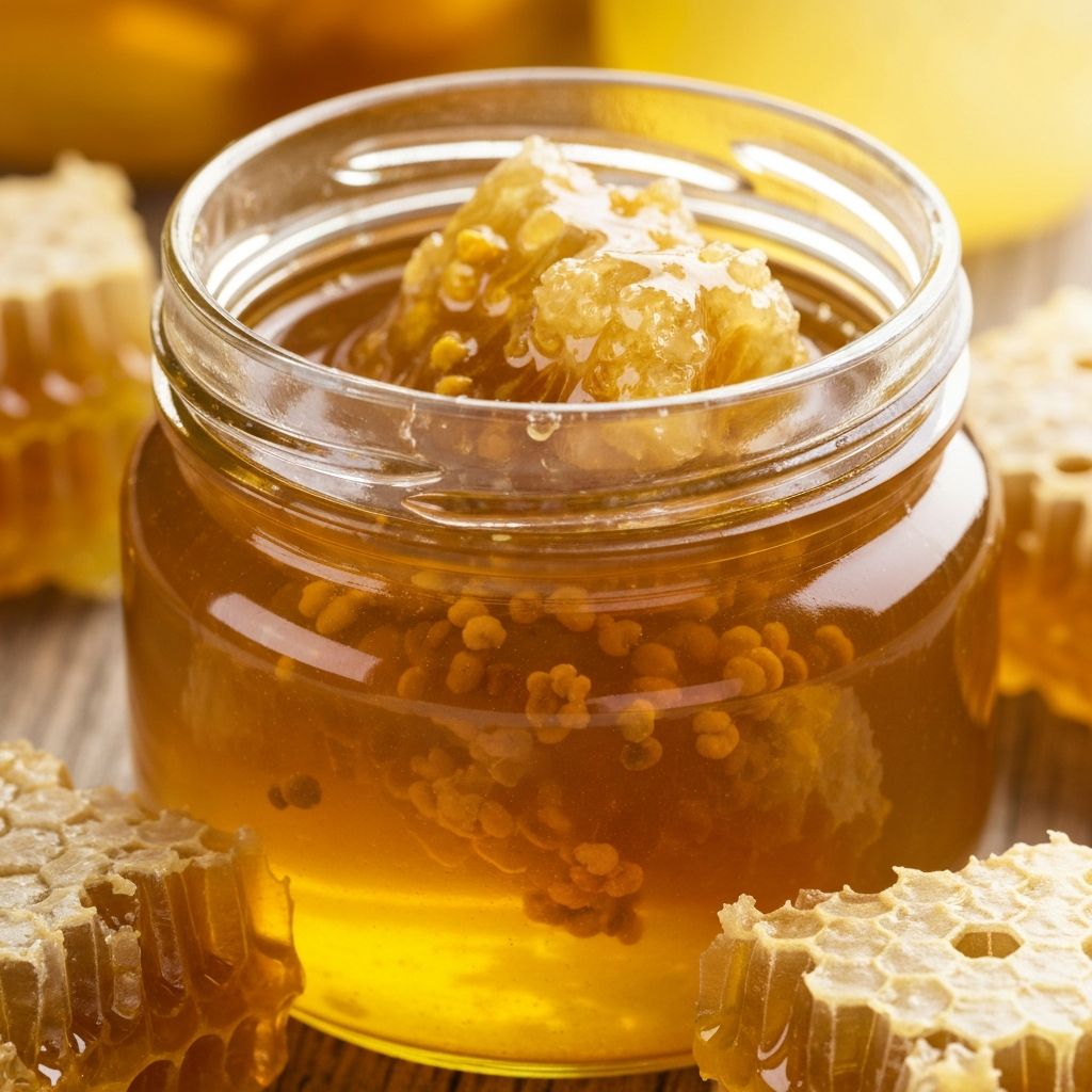Raw organic honey with honeycomb, natural ingredients for health and beauty treatments