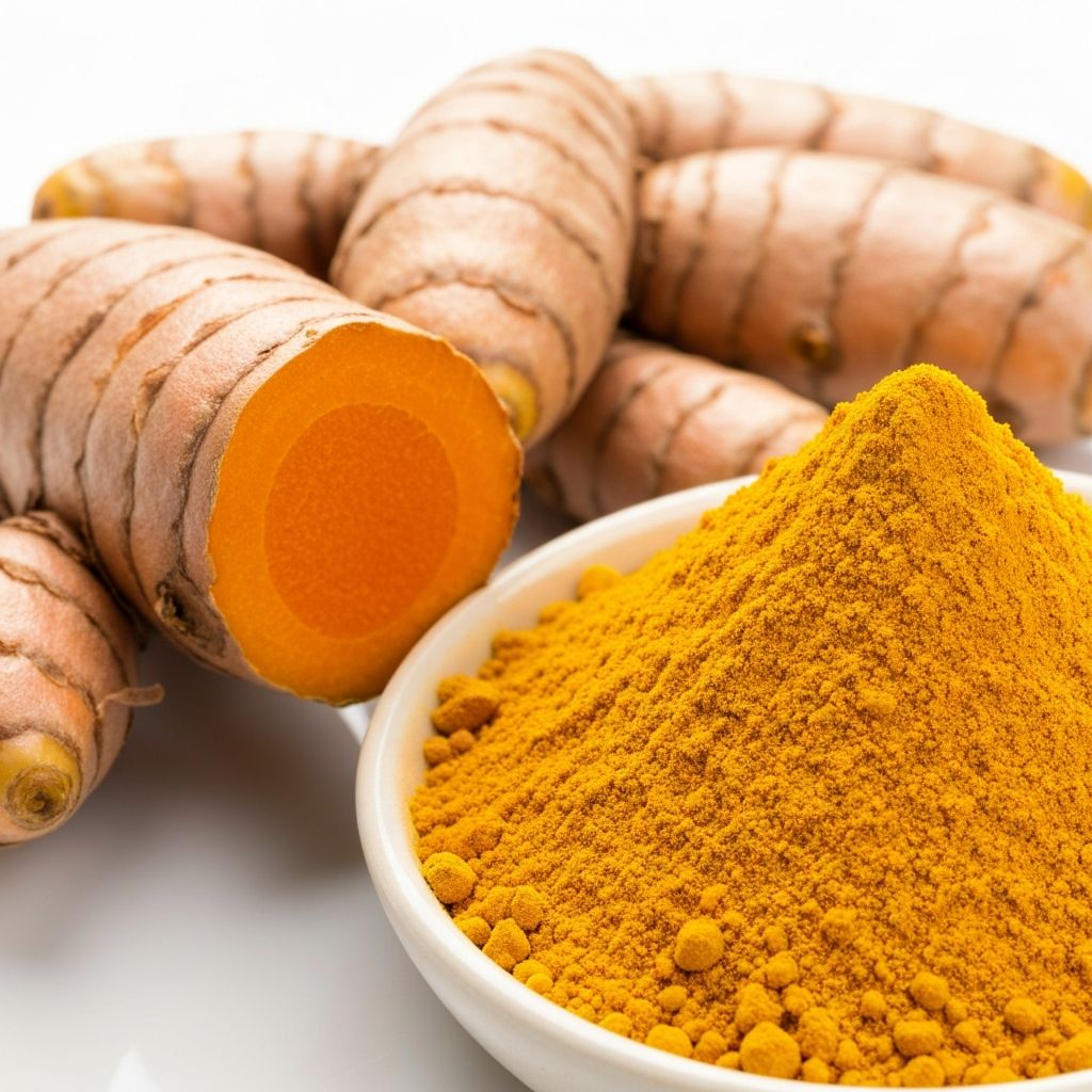 Fresh turmeric root and powder showcasing the golden spice's anti-inflammatory health benefits